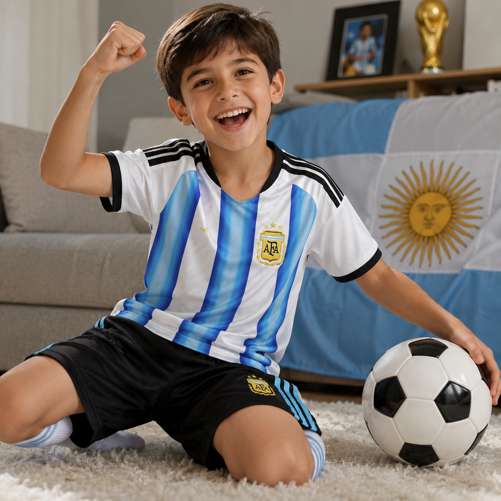 Argentina 2026 World Cup Kids Football Jersey Kit Home Fan Set