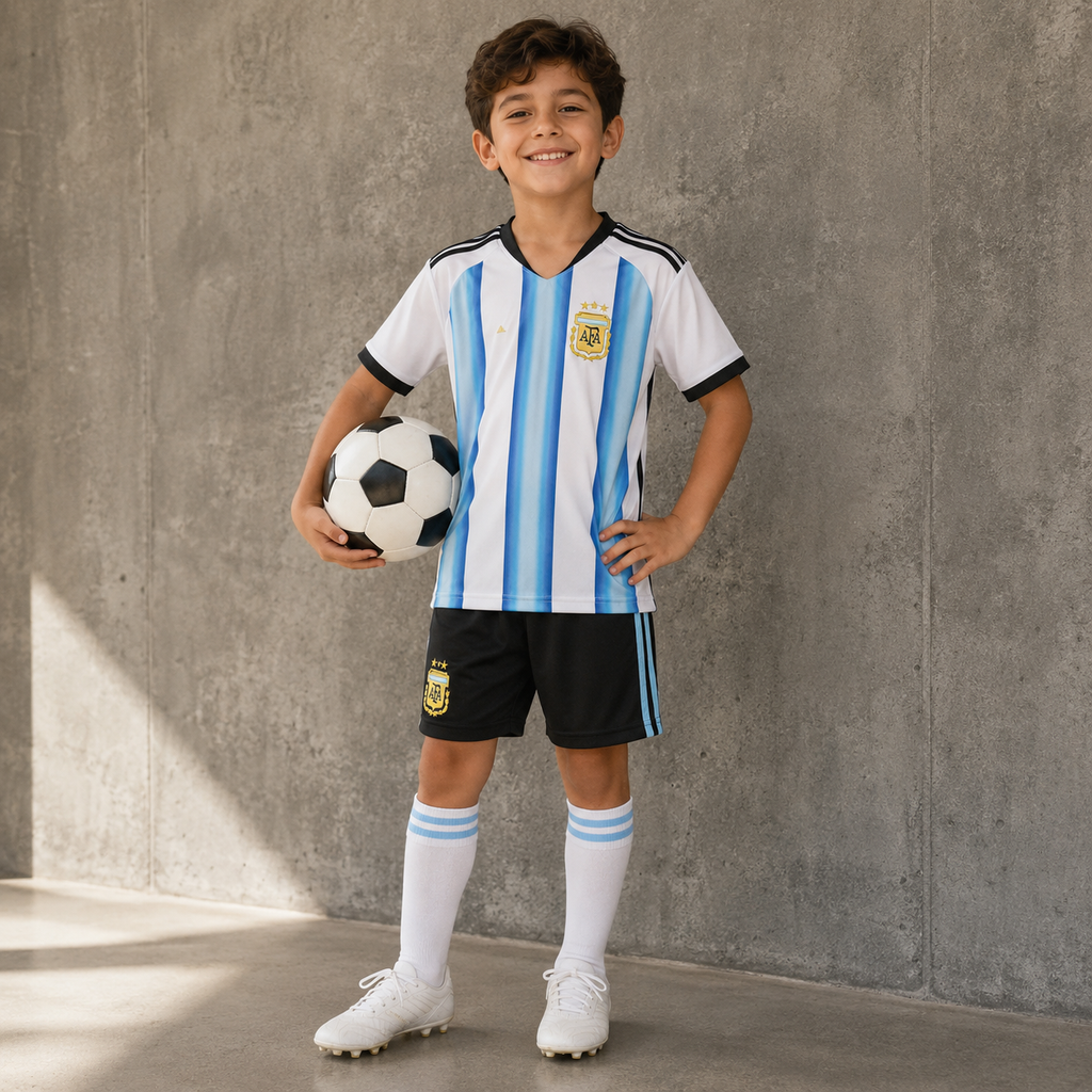 Argentina 2026 World Cup Kids Football Jersey Kit Home Fan Set