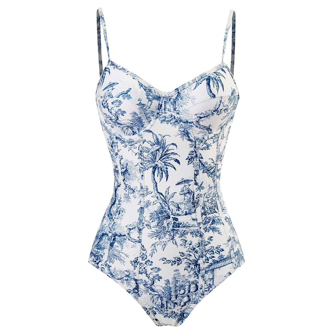 One-Piece Swimsuit with Sarong Set Toile Print