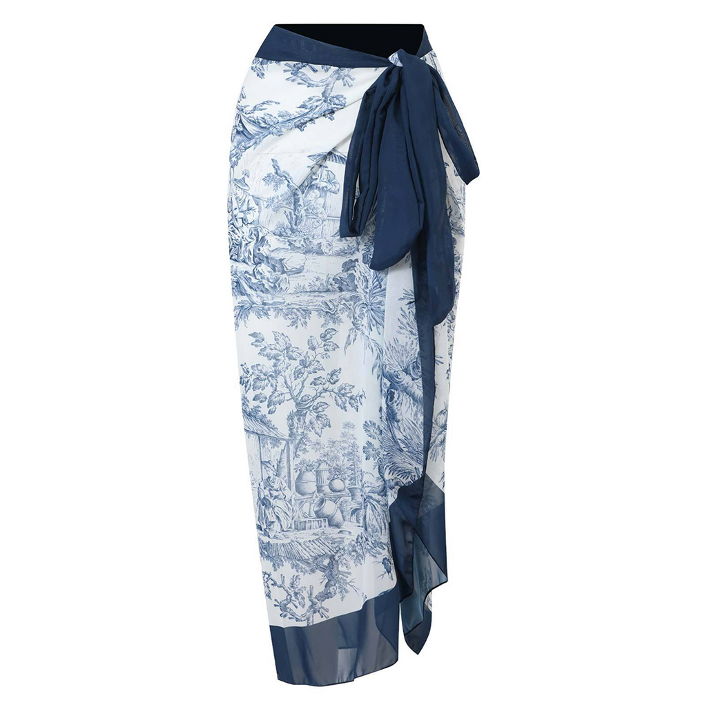 One-Piece Swimsuit with Sarong Set Toile Print