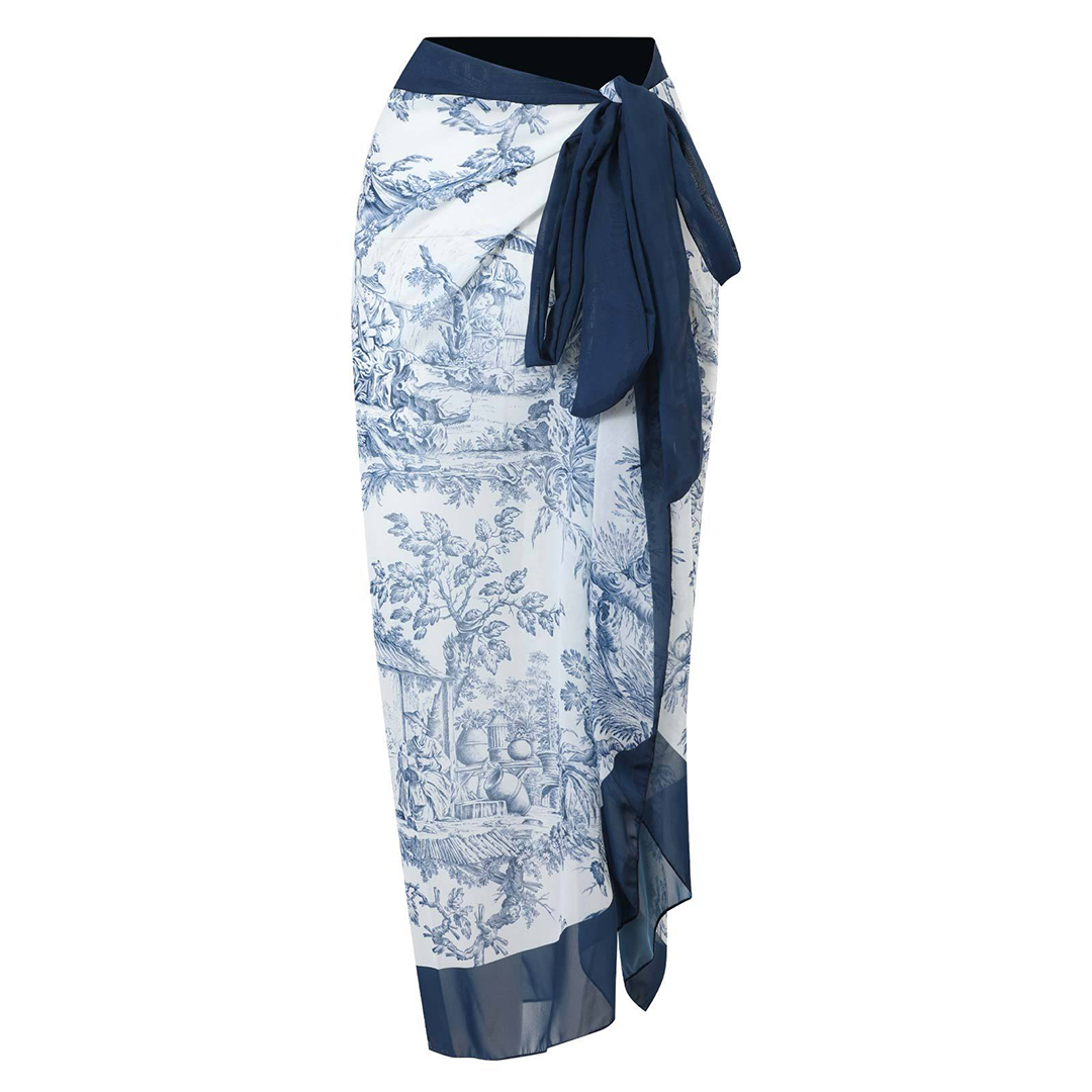 One-Piece Swimsuit with Sarong Set Toile Print