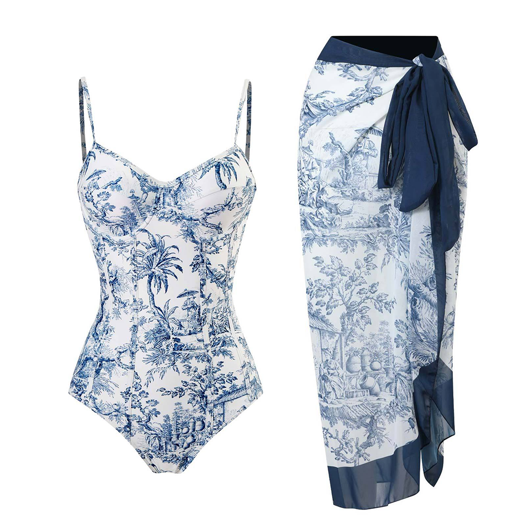 One-Piece Swimsuit with Sarong Set Toile Print