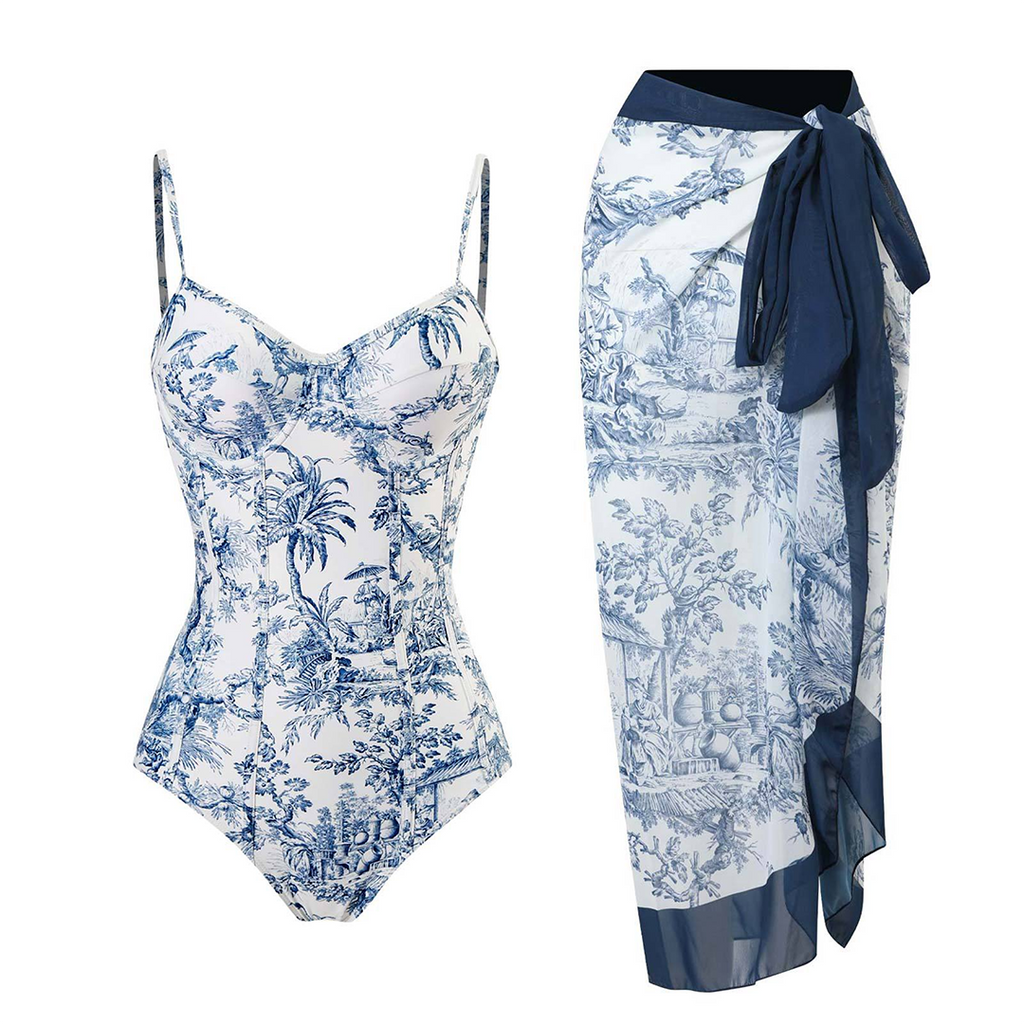 One-Piece Swimsuit with Sarong Set Toile Print