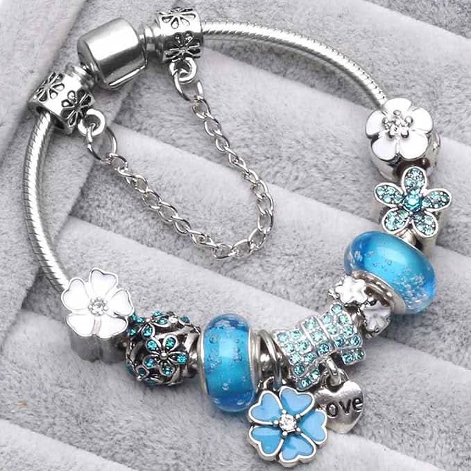 Sterling Silver Floral Charm Bracelet Jewelry Gift