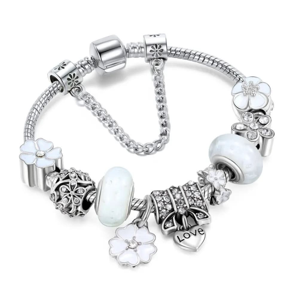 Sterling Silver Floral Charm Bracelet Jewelry Gift