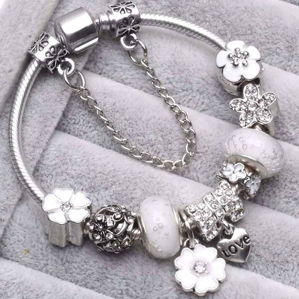 Sterling Silver Floral Charm Bracelet Jewelry Gift