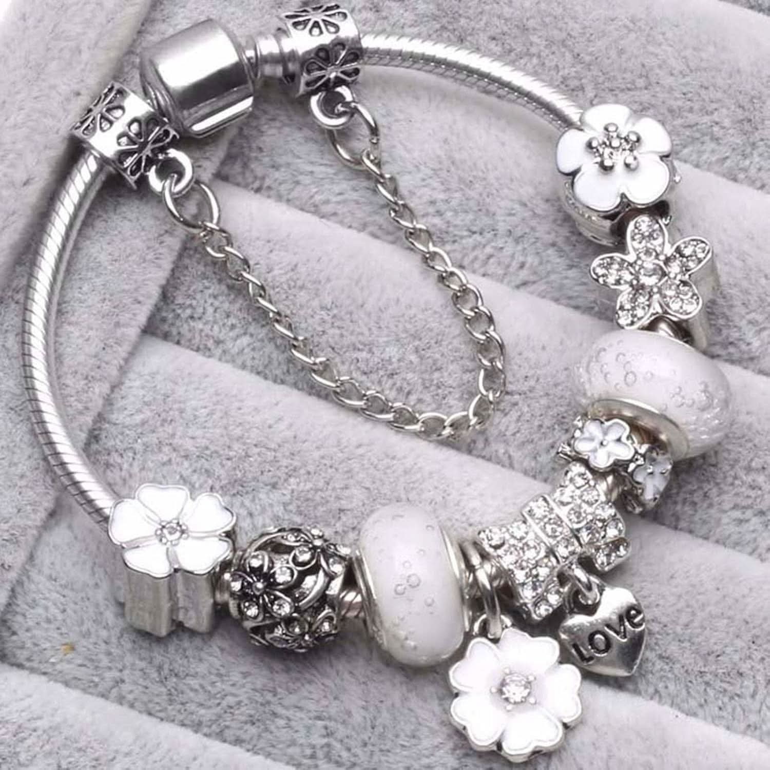 Sterling Silver Floral Charm Bracelet Jewelry Gift