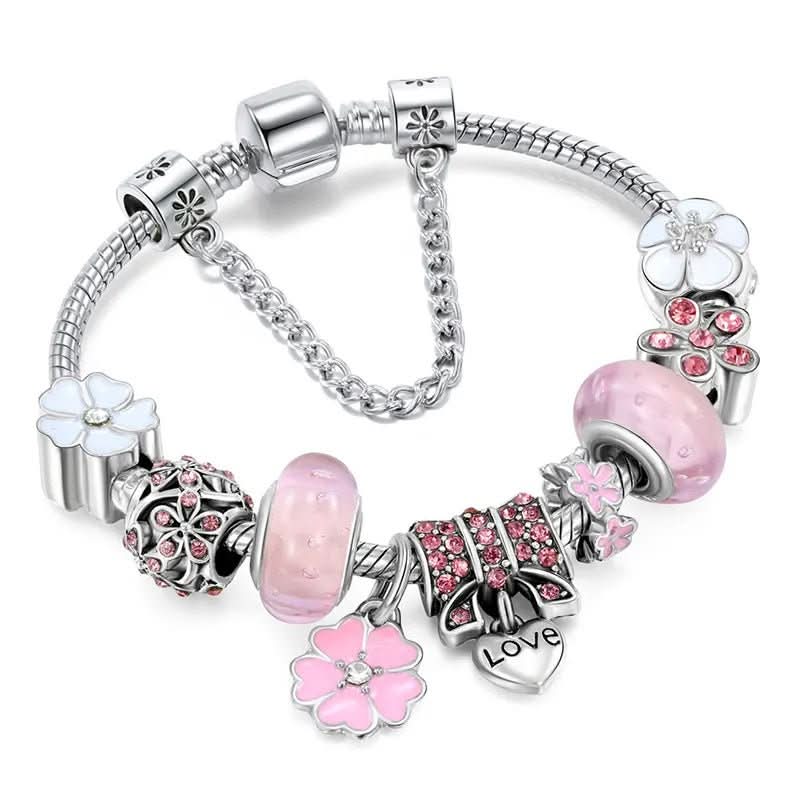 Sterling Silver Floral Charm Bracelet Jewelry Gift