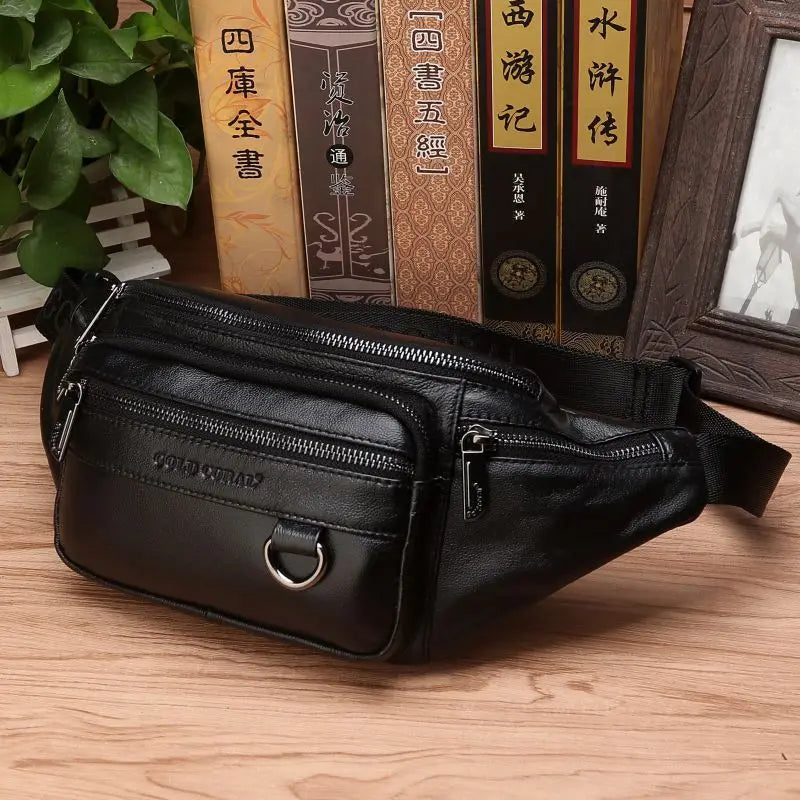 Cowhide Leather Waist Bag for Men Large Capacity Fanny Pack Belt Crossbody Bag