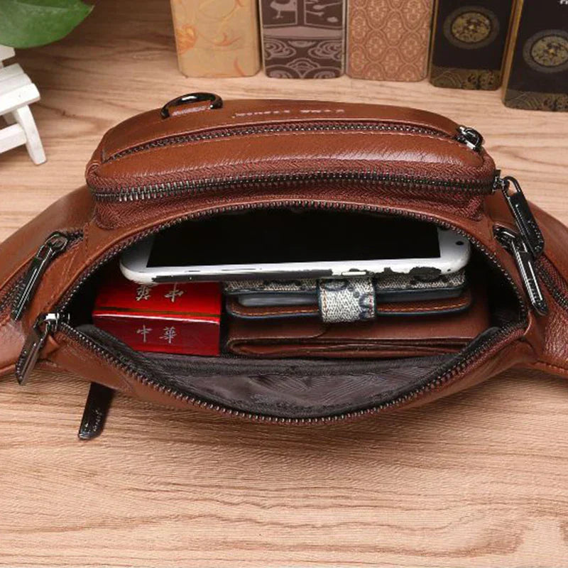 Cowhide Leather Waist Bag for Men Large Capacity Fanny Pack Belt Crossbody Bag