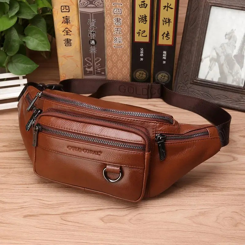 Cowhide Leather Waist Bag for Men Large Capacity Fanny Pack Belt Crossbody Bag