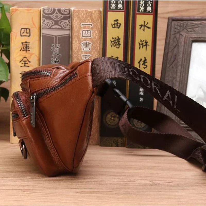 Cowhide Leather Waist Bag for Men Large Capacity Fanny Pack Belt Crossbody Bag