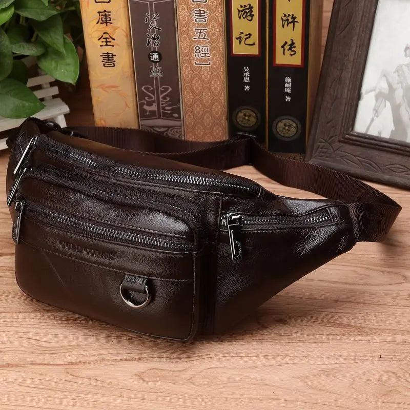 Cowhide Leather Waist Bag for Men Large Capacity Fanny Pack Belt Crossbody Bag