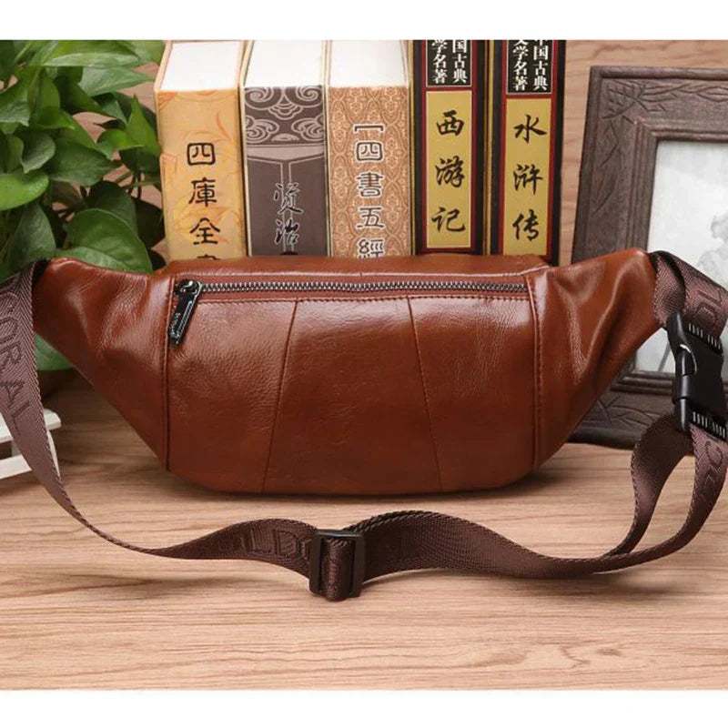 Cowhide Leather Waist Bag for Men Large Capacity Fanny Pack Belt Crossbody Bag