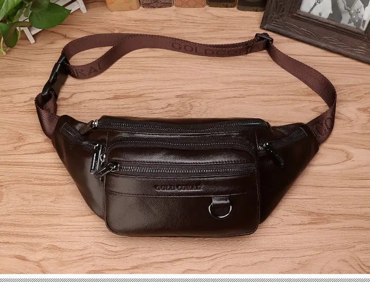 Cowhide Leather Waist Bag for Men Large Capacity Fanny Pack Belt Crossbody Bag