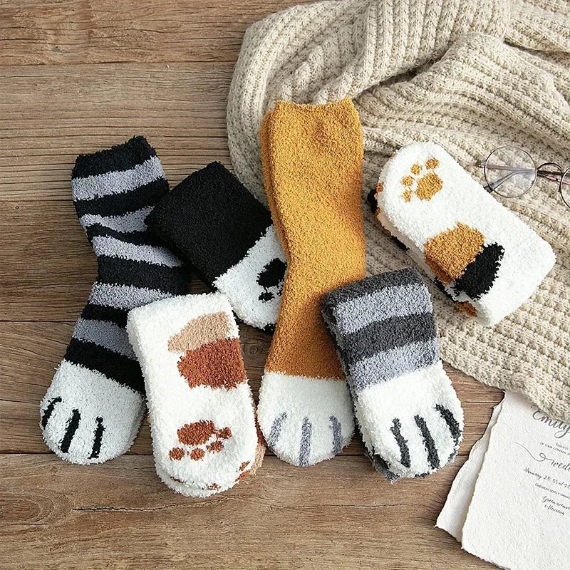 Women’s Cotton Crew Socks with Cat Paw Cartoon Pattern