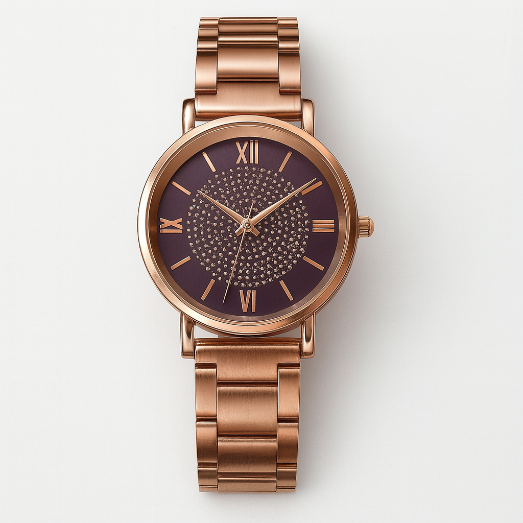 Women's Circular Watch with Crystal Dial and Roman Numerals