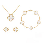 Four Leaf Clover Pendant Necklace and Earrings Jewelry Set Gold Plated
