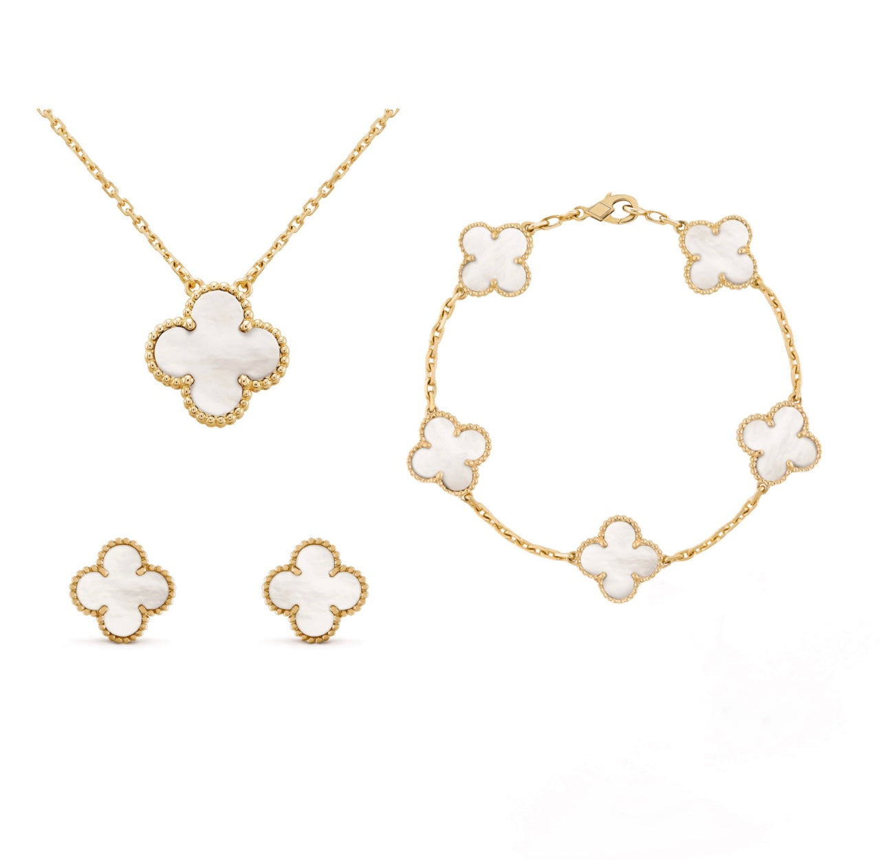 Four Leaf Clover Pendant Necklace and Earrings Jewelry Set Gold Plated
