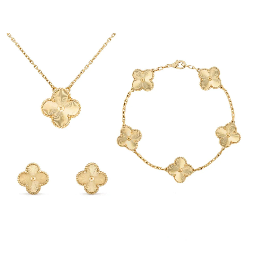 Four Leaf Clover Pendant Necklace and Earrings Jewelry Set Gold Plated