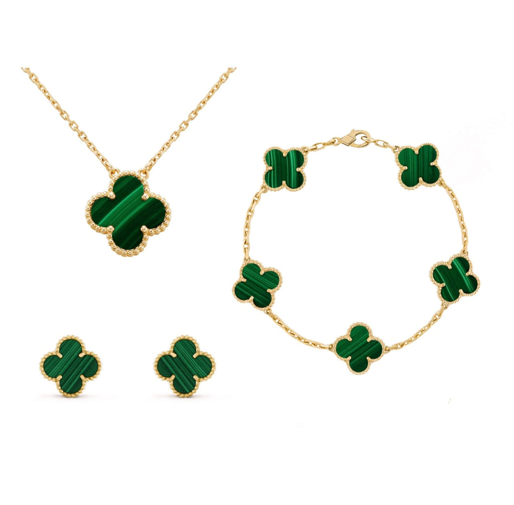 Four Leaf Clover Pendant Necklace and Earrings Jewelry Set Gold Plated