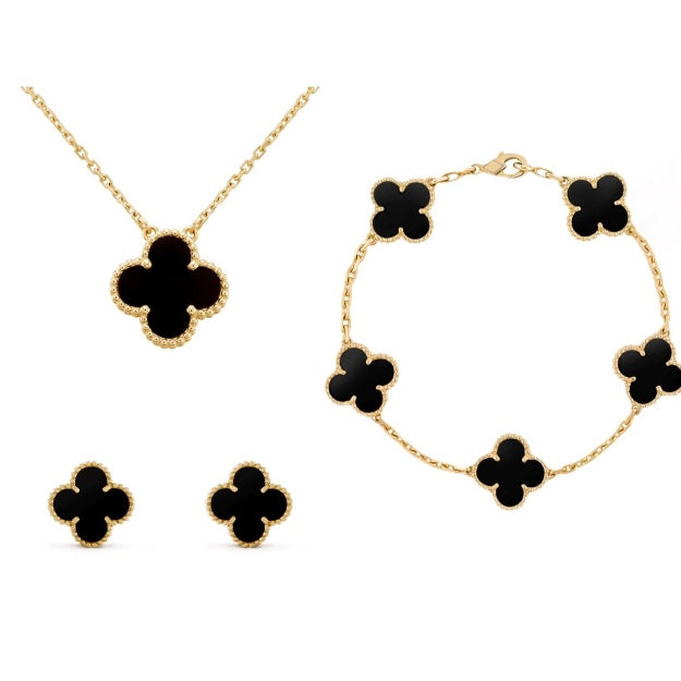 Four Leaf Clover Pendant Necklace and Earrings Jewelry Set Gold Plated