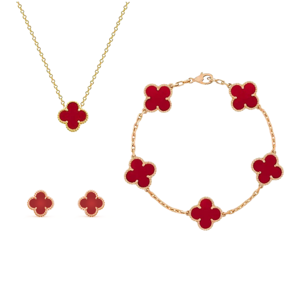 Four Leaf Clover Pendant Necklace and Earrings Jewelry Set Gold Plated