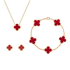 Four Leaf Clover Pendant Necklace and Earrings Jewelry Set Gold Plated