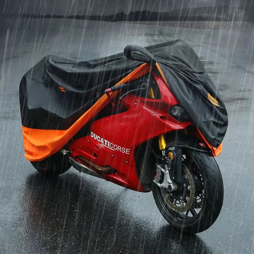 Waterproof motorcycle cover protecting bike from rain and sun