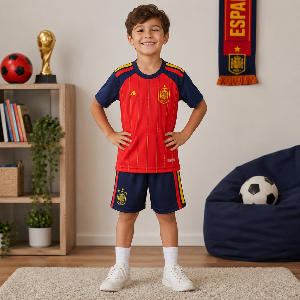 Kids Football Jersey Kit Spain 2026 World Cup Home Fan Set