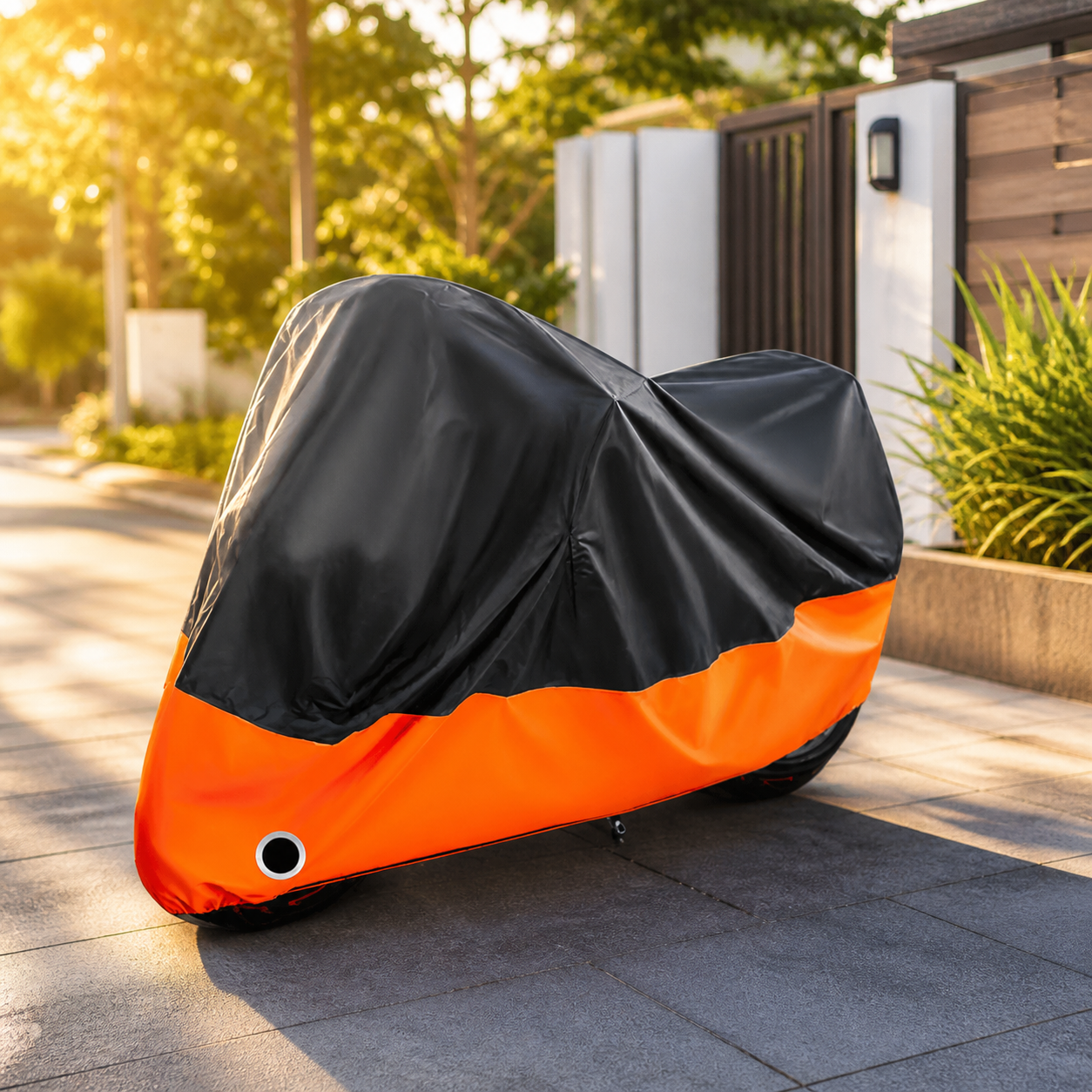 Waterproof motorcycle cover protecting bike outdoors in sunny driveway