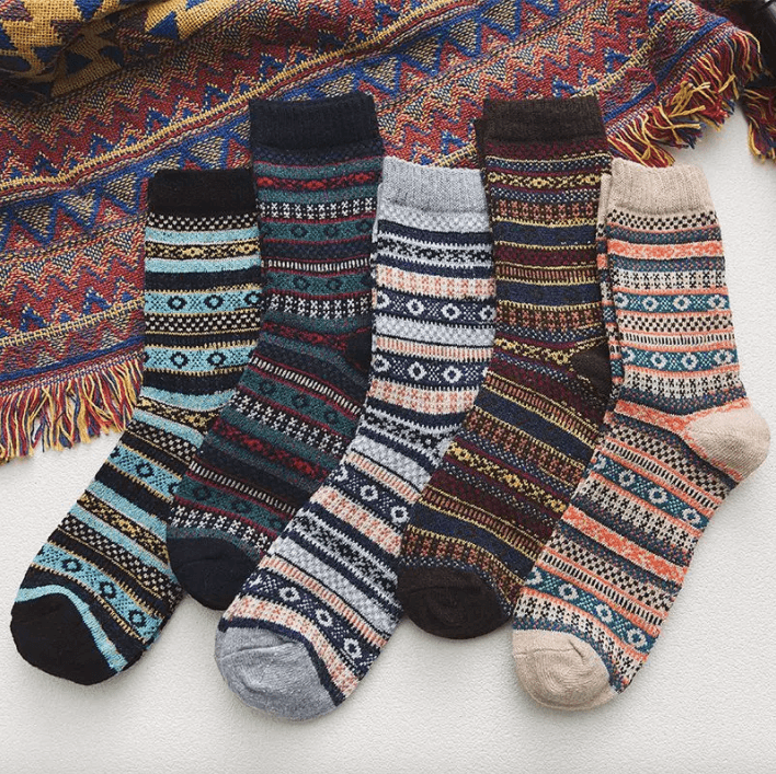 Wool Blend Winter Socks Scandinavian Pattern Crew Length