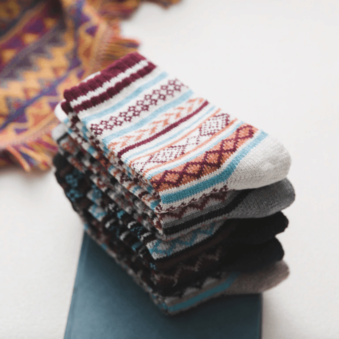 Wool Blend Winter Socks Scandinavian Pattern Crew Length