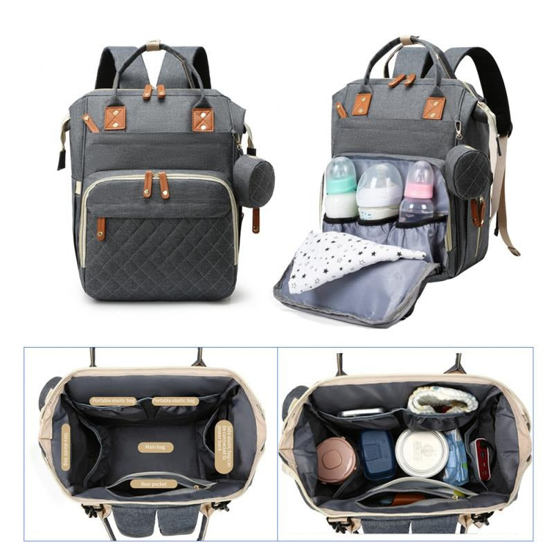 Diaper Backpack Quilted Large Capacity Baby Bag with Leather Accents